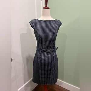 Ann Taylor 0P 0 Petite Navy cap Sleeve Plaid belted Shift Dress